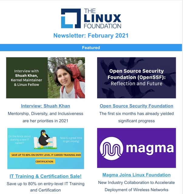 Linux Foundation Newsletter February 2021: IT Training & Certification Sale, Shuah Khan & Mentorship, OpenSSF First Six Months